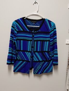 Ming Wang Blue Teal Striped Open Front Cardigan with Black Trim